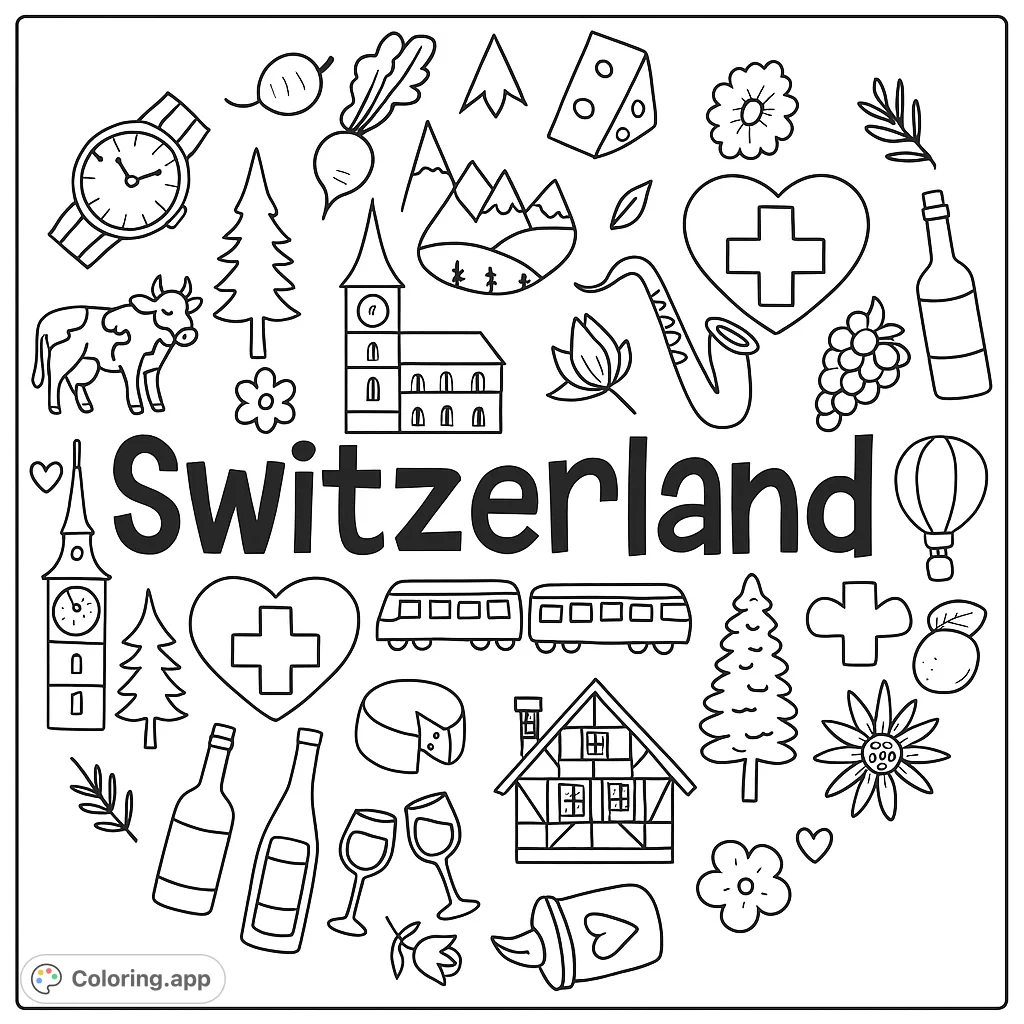 A delightful collection of Swiss cultural symbols like cows, mountains, cheese, and watches, arranged in a charming circular design for coloring fun.