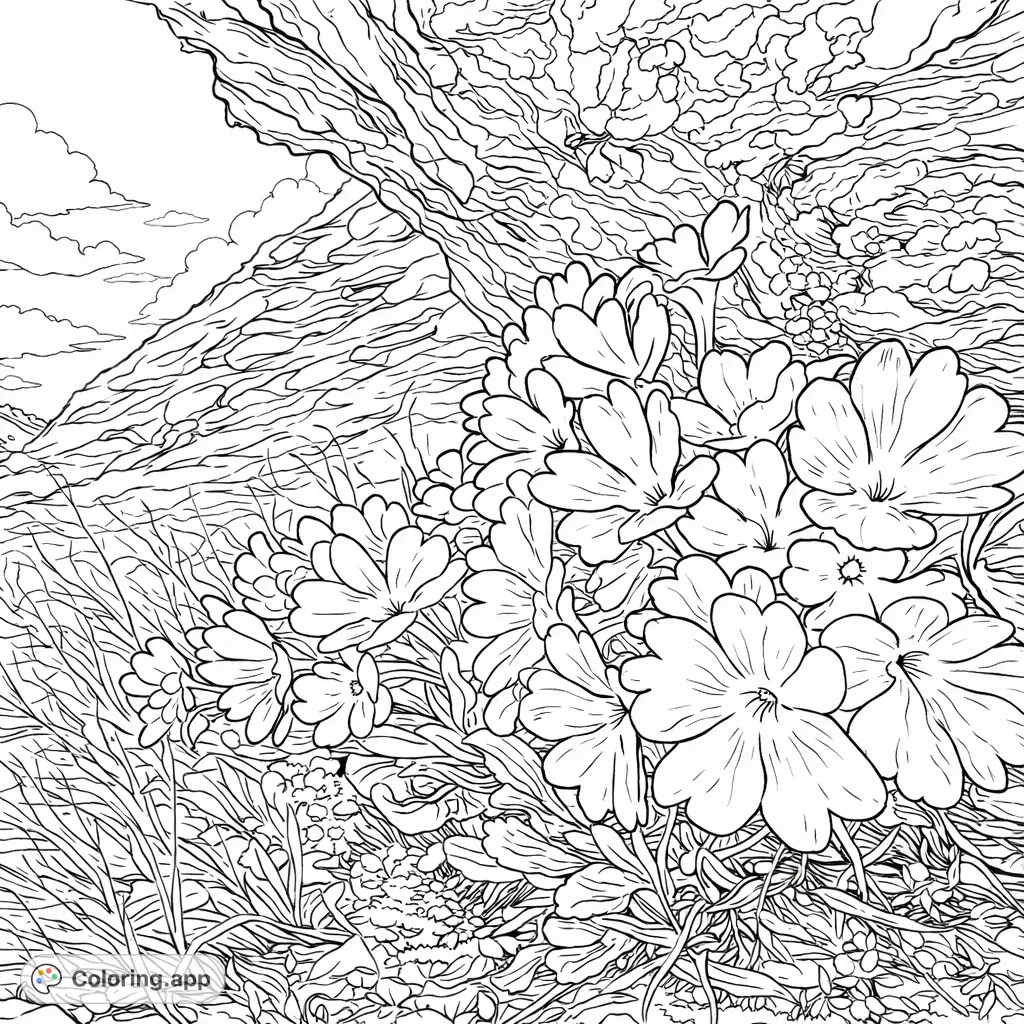 Discover a delicate cluster of alpine flowers thriving by a textured rock formation. Perfect for nature lovers to color intricate petals and rugged mountain details.