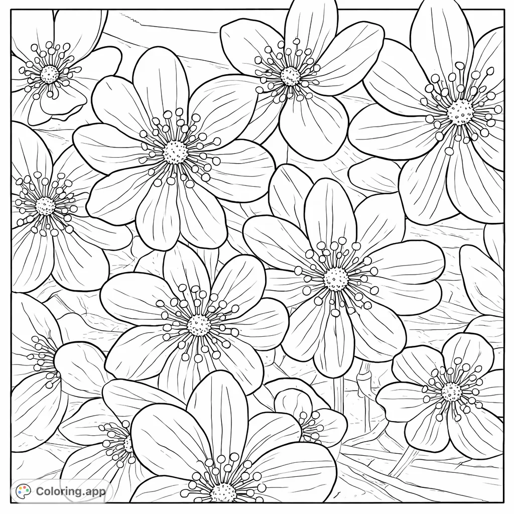 Immerse yourself in a field of delicate blossoms, each with intricate petals and central stamen details. A calming floral scene awaiting your artistic touch.
