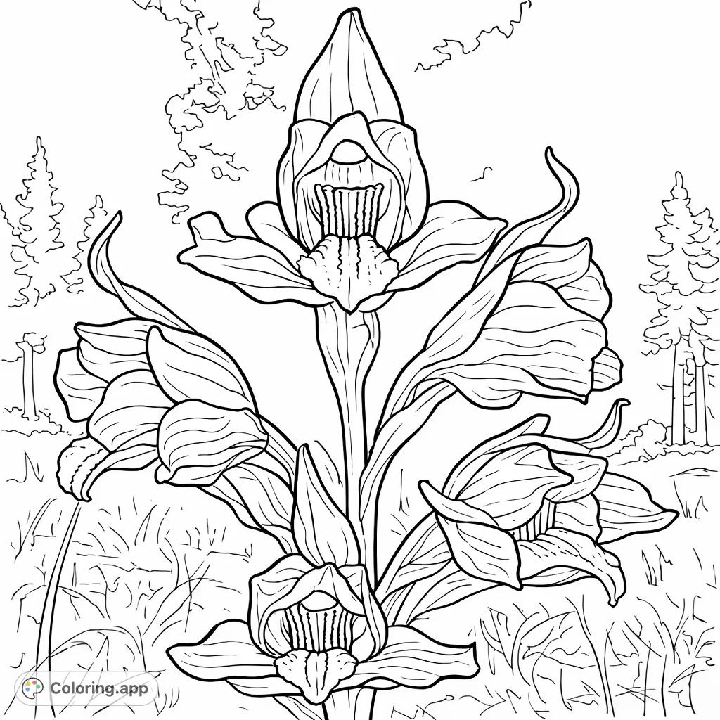 Discover the exquisite detail of these exotic orchid blooms. A nature-inspired coloring page featuring delicate petals, intricate centers, and a serene background.