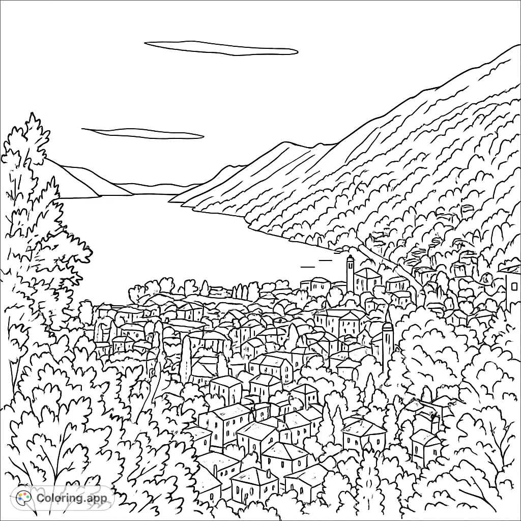 Explore a charming lakeside village nestled among mountains and lush trees. A beautiful European landscape free printable coloring page for all ages.