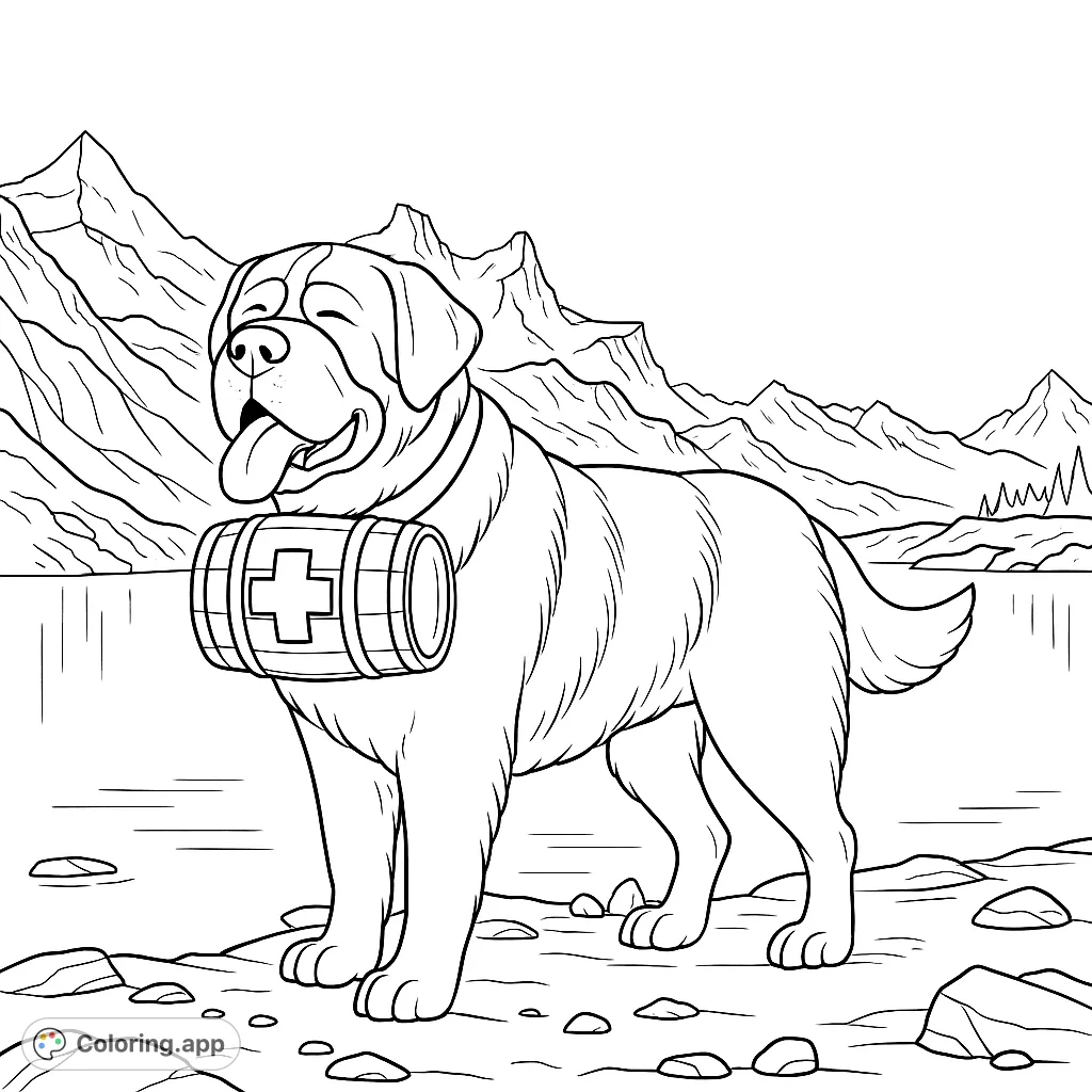 A majestic Saint Bernard dog stands by a serene mountain lake, wearing a rescue barrel. A charming scene for animal lovers to color and enjoy.