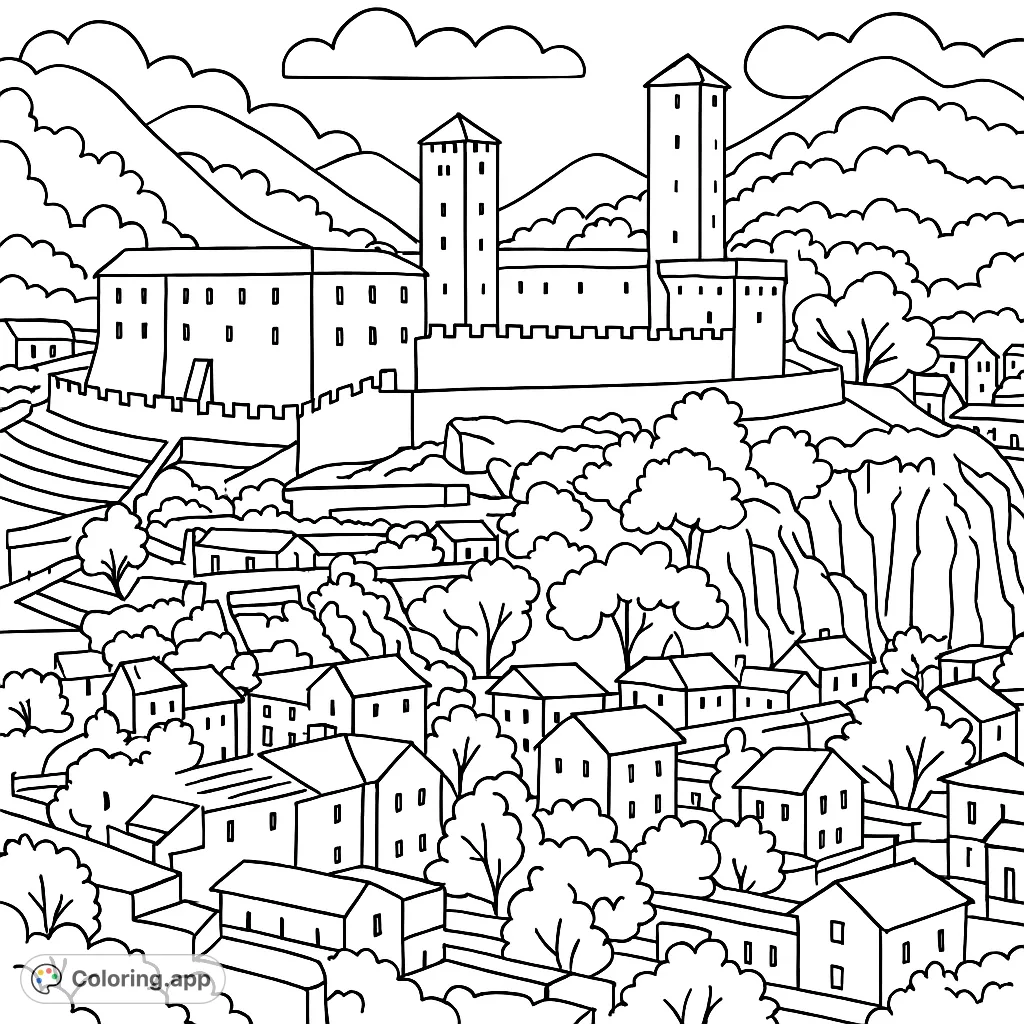 Explore a detailed medieval castle atop a hill, overlooking a charming village with houses and trees, set against a mountain backdrop.