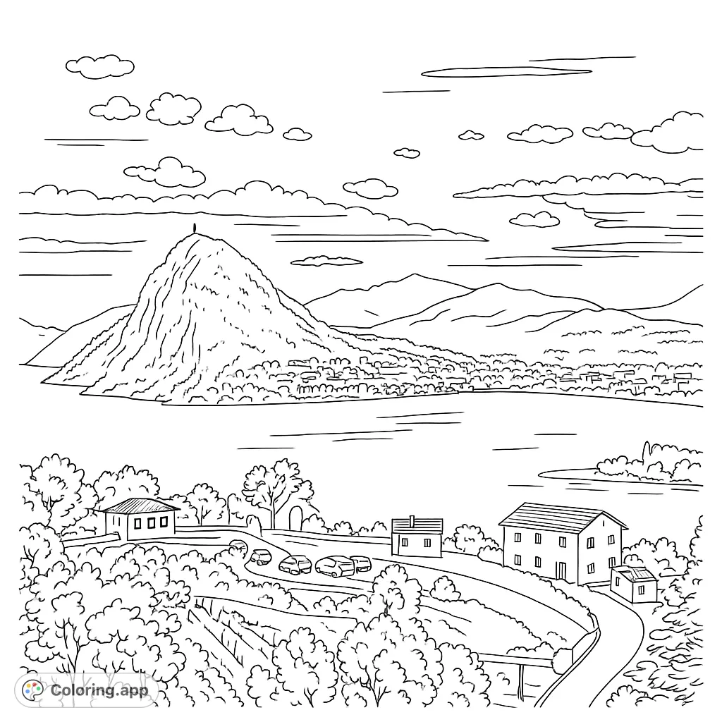 Explore a stunning mountain and lake landscape with a charming village, winding roads, and lush foreground foliage. A detailed nature and architecture scene.