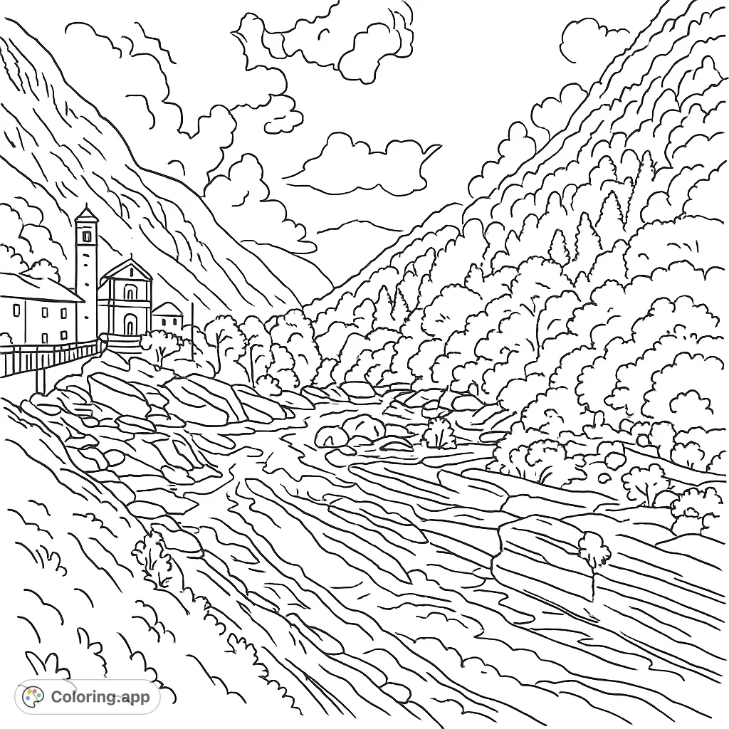 Explore a beautiful mountain river landscape coloring page featuring a charming village, rocky river, and lush mountains. Free printable for all ages.