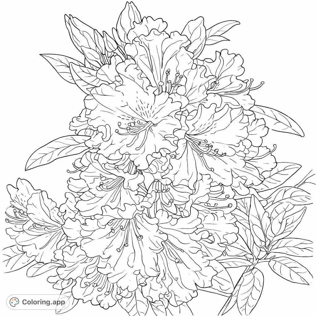 An intricate rhododendron cluster with delicate petals and detailed foliage. Perfect for botanical art enthusiasts. Discover the beauty of nature's design.
