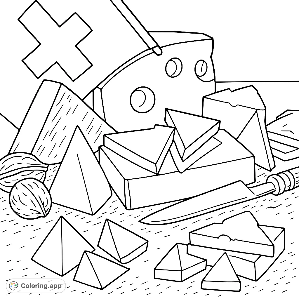 Explore a delightful Swiss-themed still life featuring various cheeses, a national flag, walnuts, and chocolate. A free printable food coloring page for all ages.