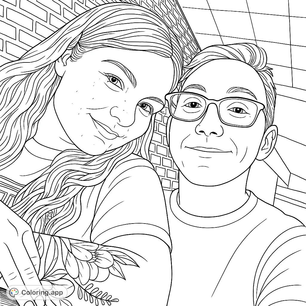Capture a heartwarming moment with this couple selfie coloring page. Features a smiling woman with a floral tattoo and a man in glasses against urban textures.