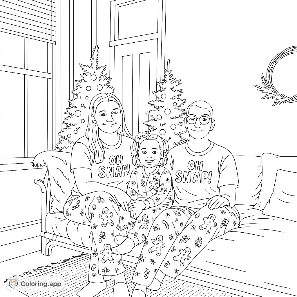 A heartwarming Christmas family coloring page featuring a family of three in festive pajamas on a couch, surrounded by holiday decorations. Free printable coloring page.