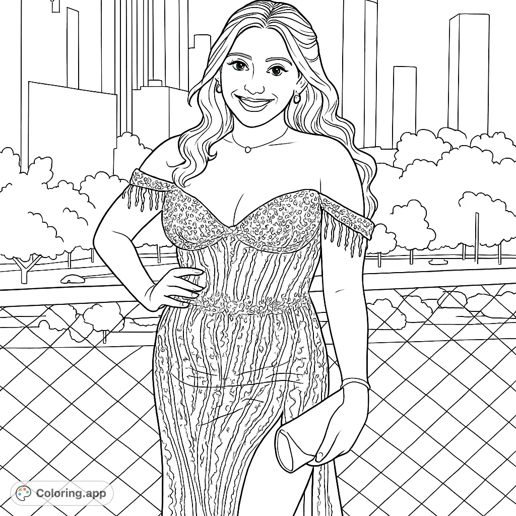 An elegant woman in a detailed, off-the-shoulder gown smiles against a modern city skyline, perfect for fashion and urban scene coloring.
