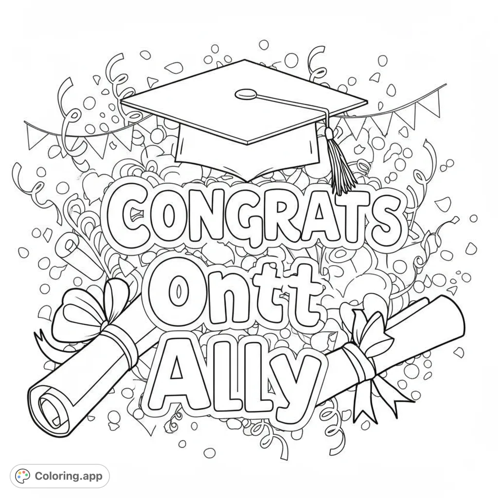 Celebrate success with this free printable graduation coloring page! Features a cap, diplomas, and confetti, perfect for all ages.