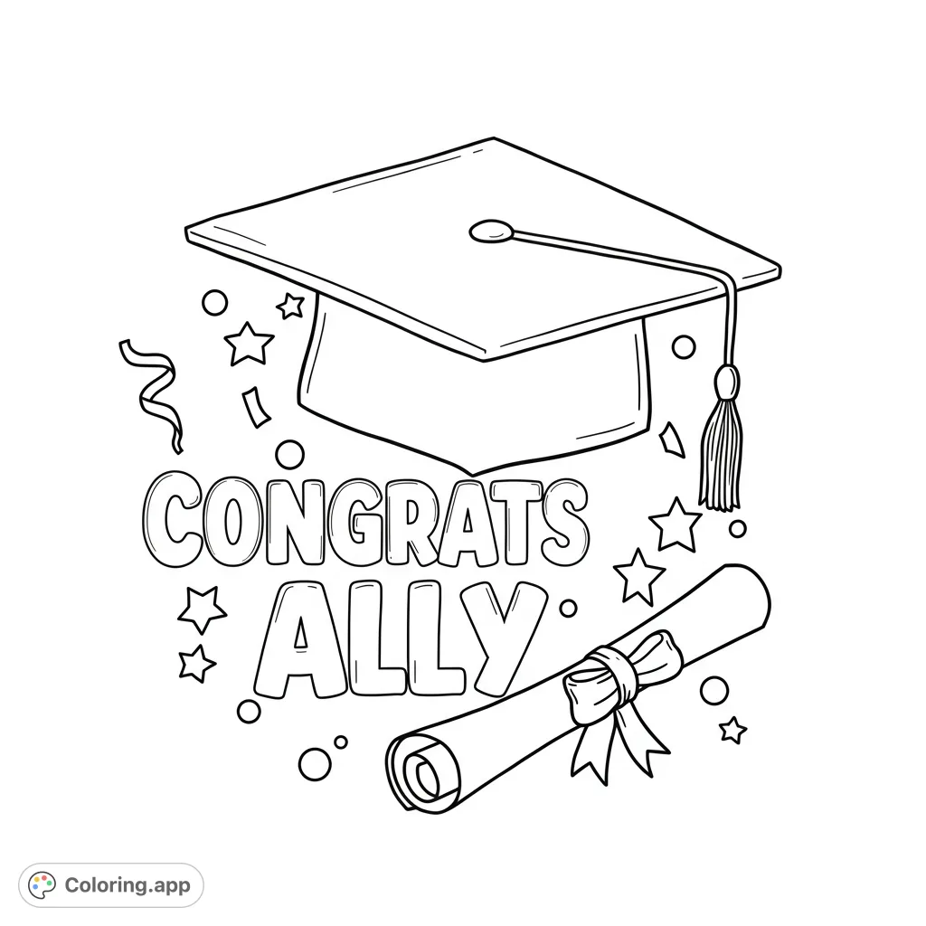 A festive graduation coloring page featuring a cap, diploma, and confetti, perfect for celebrating academic achievements and milestones.