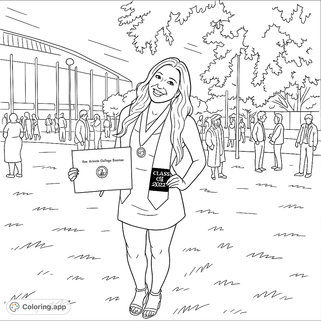 A smiling graduate holds her diploma, celebrating amidst a bustling campus scene. Perfect for a memorable graduation coloring page.