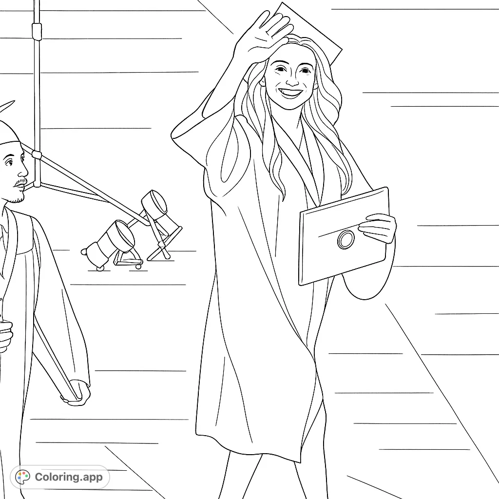 Celebrate achievement with this graduation coloring page! A smiling graduate waves, holding her diploma, ready for vibrant colors. Perfect for all ages.