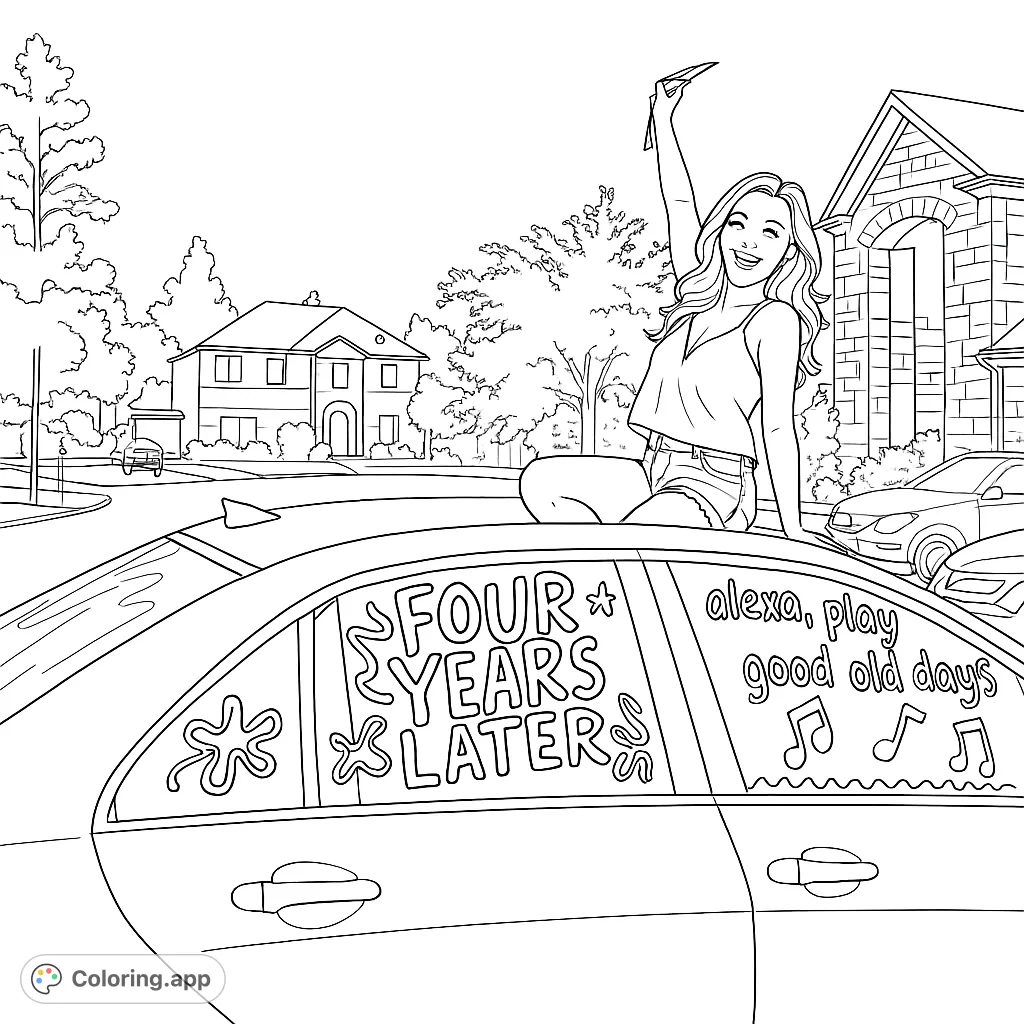 Celebrate success with this free printable graduation coloring page! A happy young woman on a car, surrounded by a suburban scene, ready for your colors.