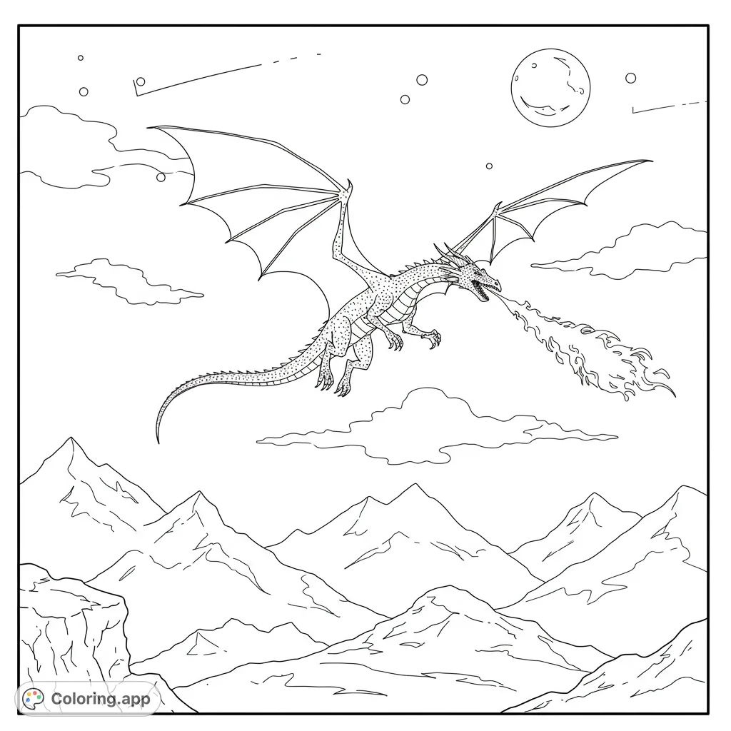 A majestic fire-breathing dragon soars above a rugged mountain range under a moonlit sky, perfect for an epic fantasy coloring adventure.