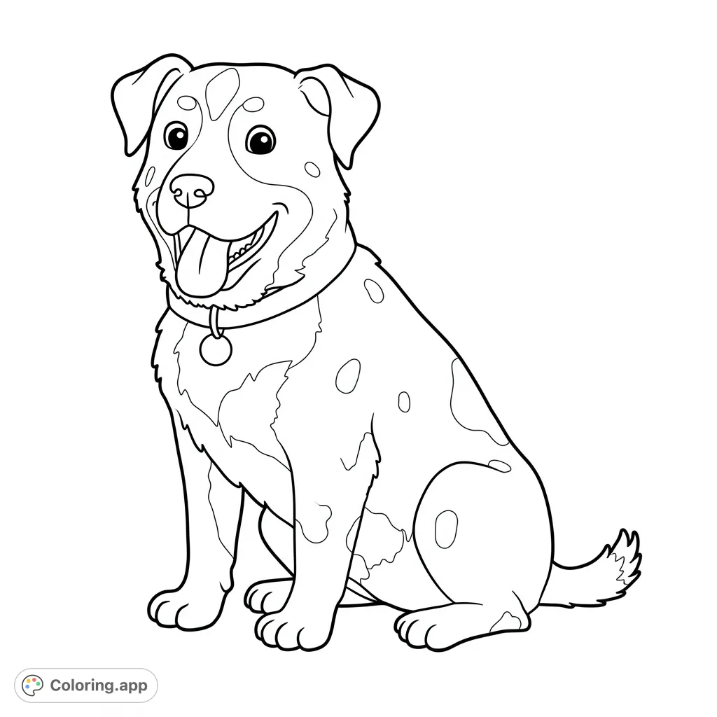 A cheerful, spotted dog sits patiently, tongue out, with a collar and tag, ready for vibrant colors. A delightful free printable coloring page.