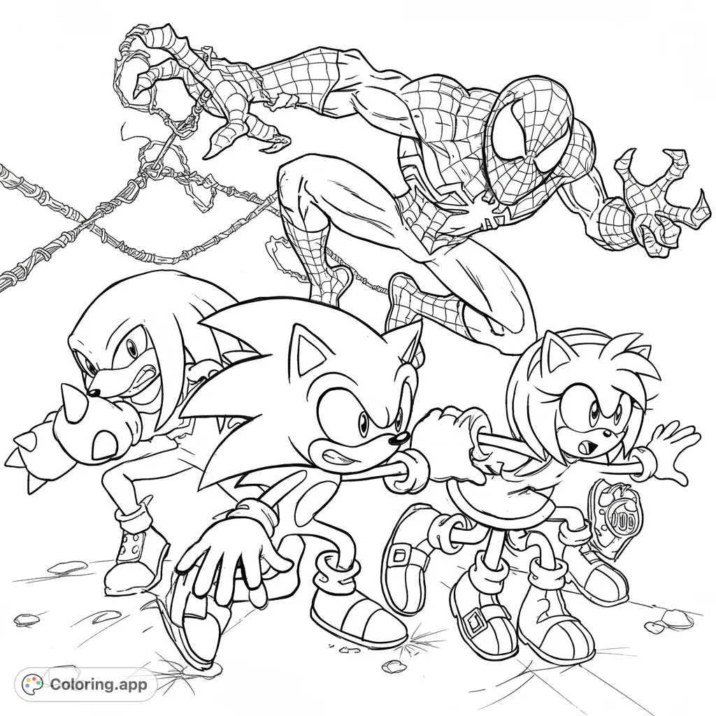 Join Spider-Man, Sonic, Knuckles, and Amy in an action-packed adventure! This dynamic free printable coloring page features a thrilling superhero and video game crossover.
