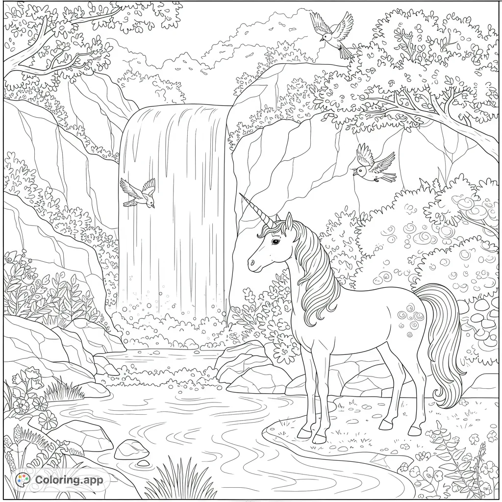 A majestic unicorn stands by a flowing waterfall in a magical forest, surrounded by lush foliage and birds. A beautiful fantasy scene for coloring.