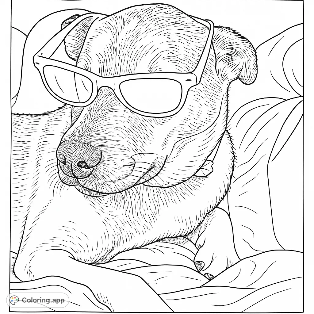 A charming dog in stylish sunglasses, relaxing on a soft surface. This fun dog coloring page is a free printable coloring page for all ages.