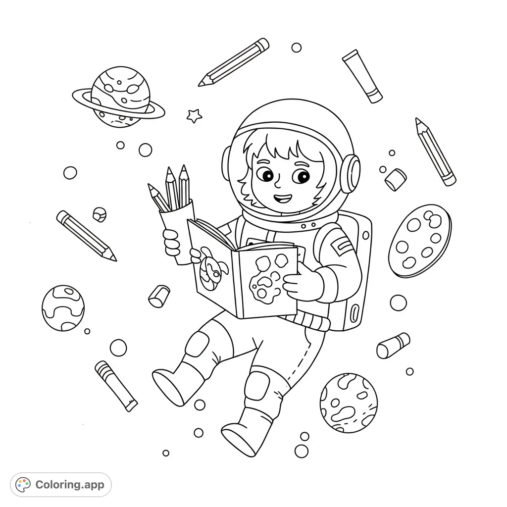 A cheerful astronaut floats in space, coloring in a book surrounded by planets and art supplies. A fun, free printable space coloring page.