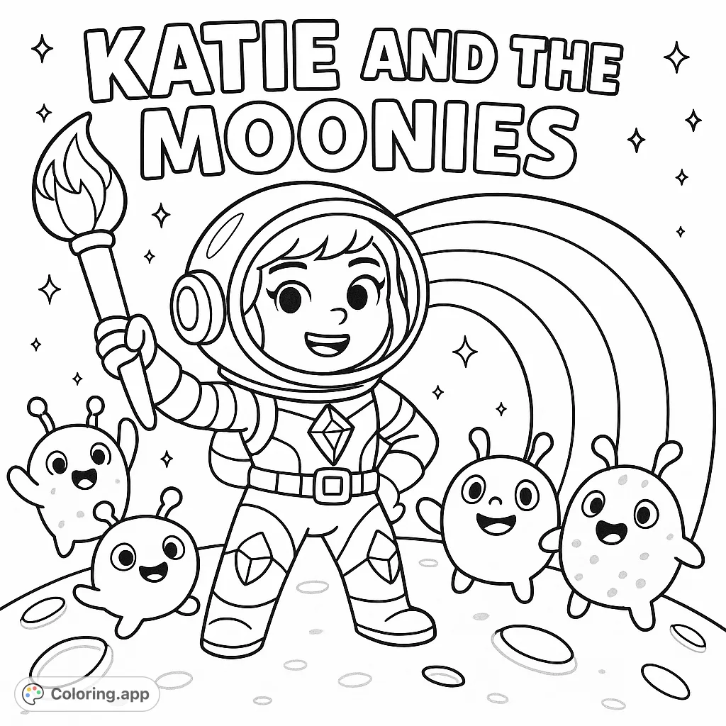 A cheerful astronaut girl explores the moon with five adorable alien friends and a vibrant rainbow. A fun space adventure coloring page.