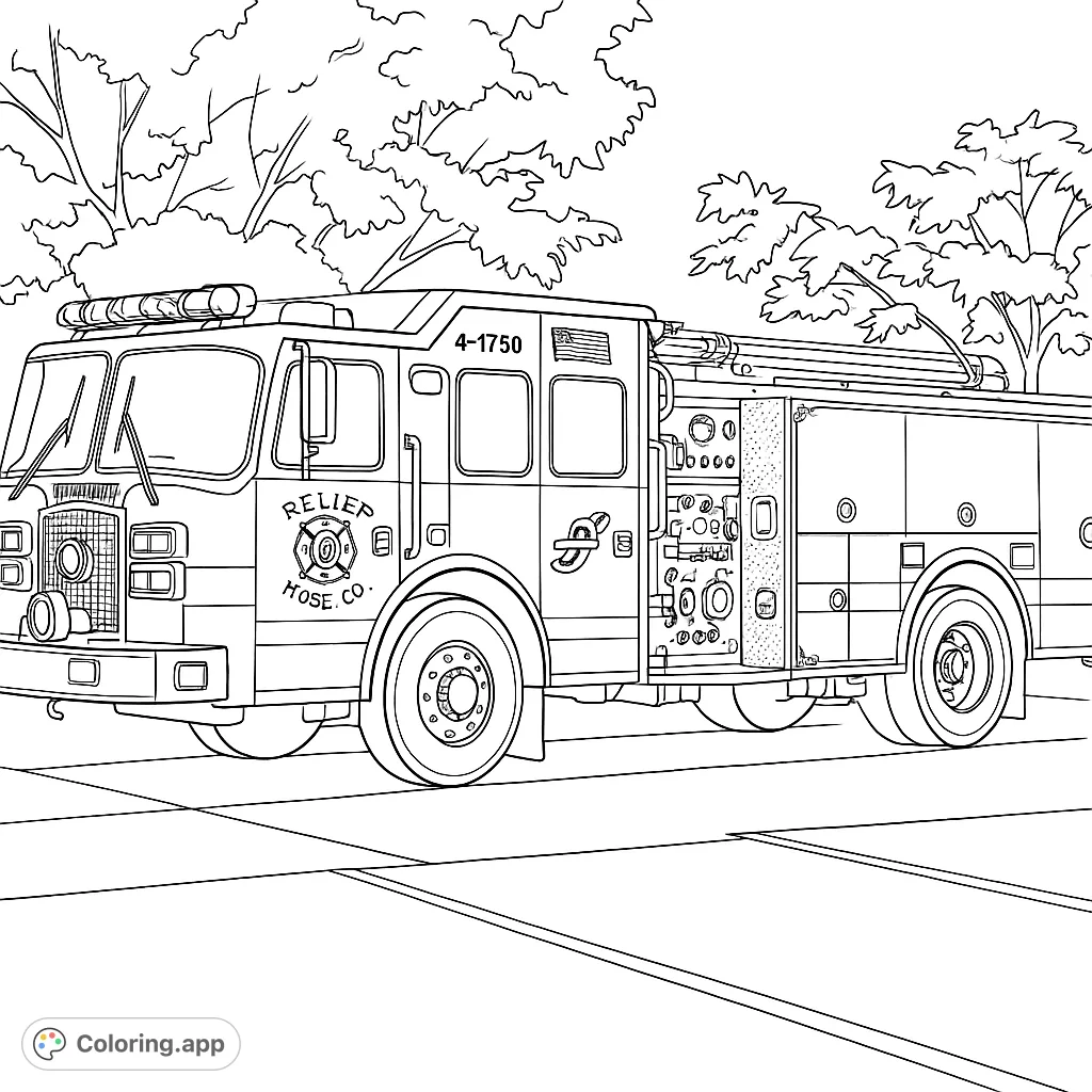 A detailed fire truck coloring page, perfect for kids and adults. Features a classic pumper with intricate equipment and a natural background.