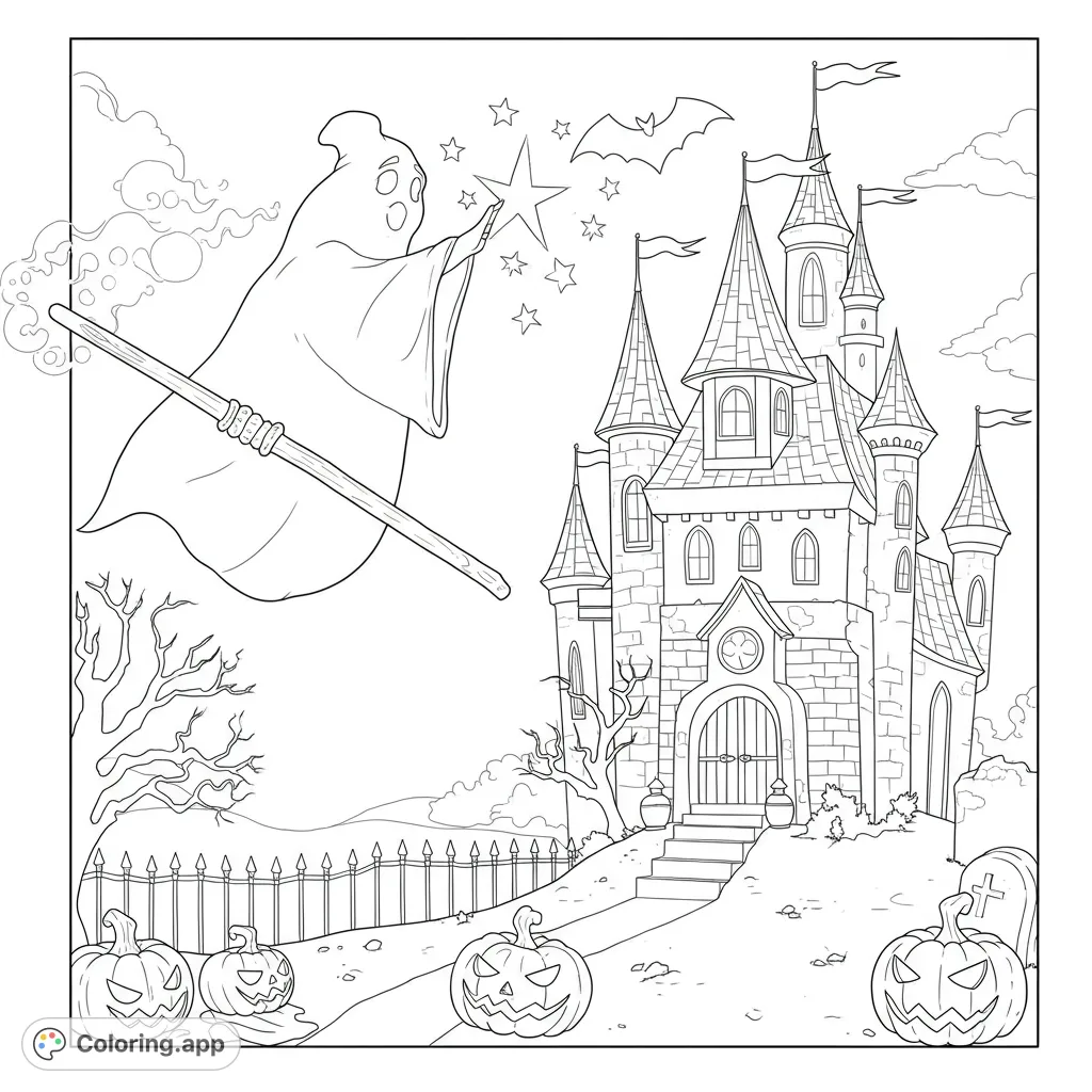 A spooky yet friendly Halloween coloring page featuring a floating ghost, a haunted castle, and jack-o'-lanterns, perfect for festive fun.