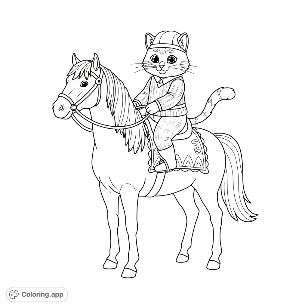 A delightful cat in riding gear on a majestic horse. Perfect for a fun, free printable animal coloring page for kids and adults.