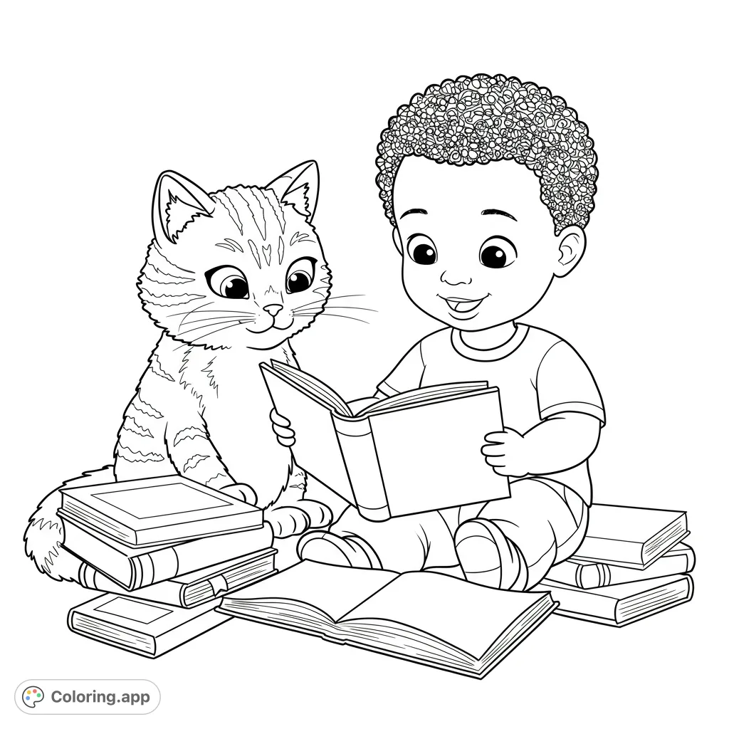 Boy and Cat Reading Together