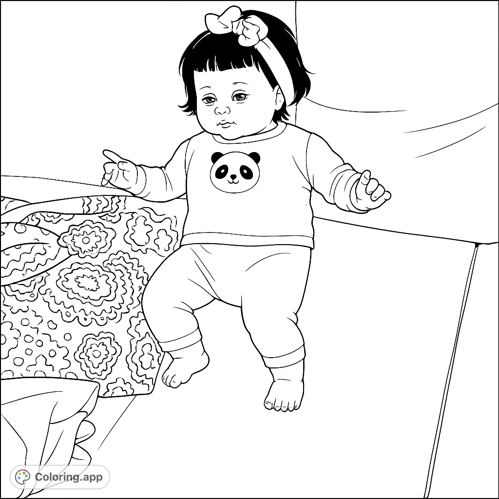 An adorable baby in a panda shirt on a patterned blanket. A sweet free printable baby coloring page for kids and adults.