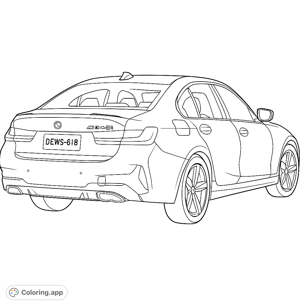 Detailed modern sedan coloring page, perfect for car enthusiasts. Features sleek lines, intricate wheels, and a dynamic rear view.
