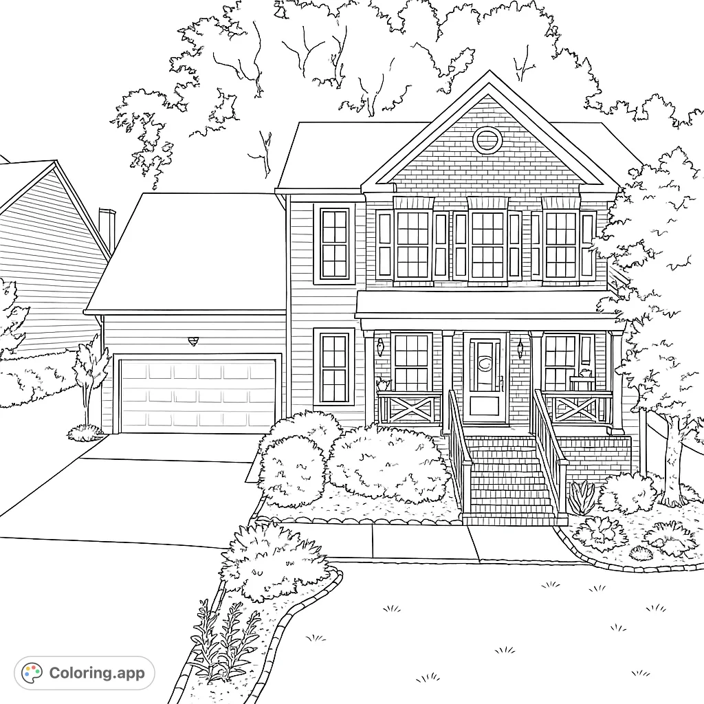 Charming Two-Story House Coloring Page