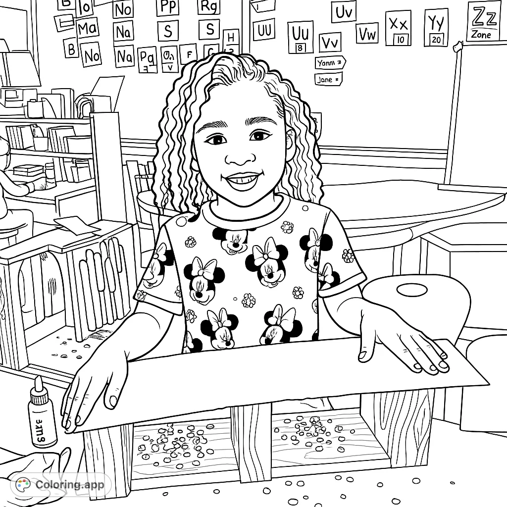 A cheerful girl in a classroom, engaged in a hands-on craft activity with small objects. A fun, free printable classroom coloring page for kids.