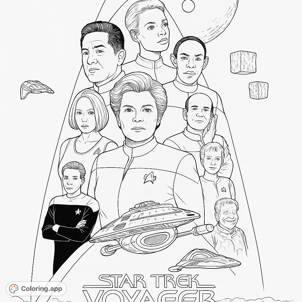 Explore the cosmos with this detailed Star Trek Voyager crew coloring page. Features iconic characters and starships for sci-fi fans.