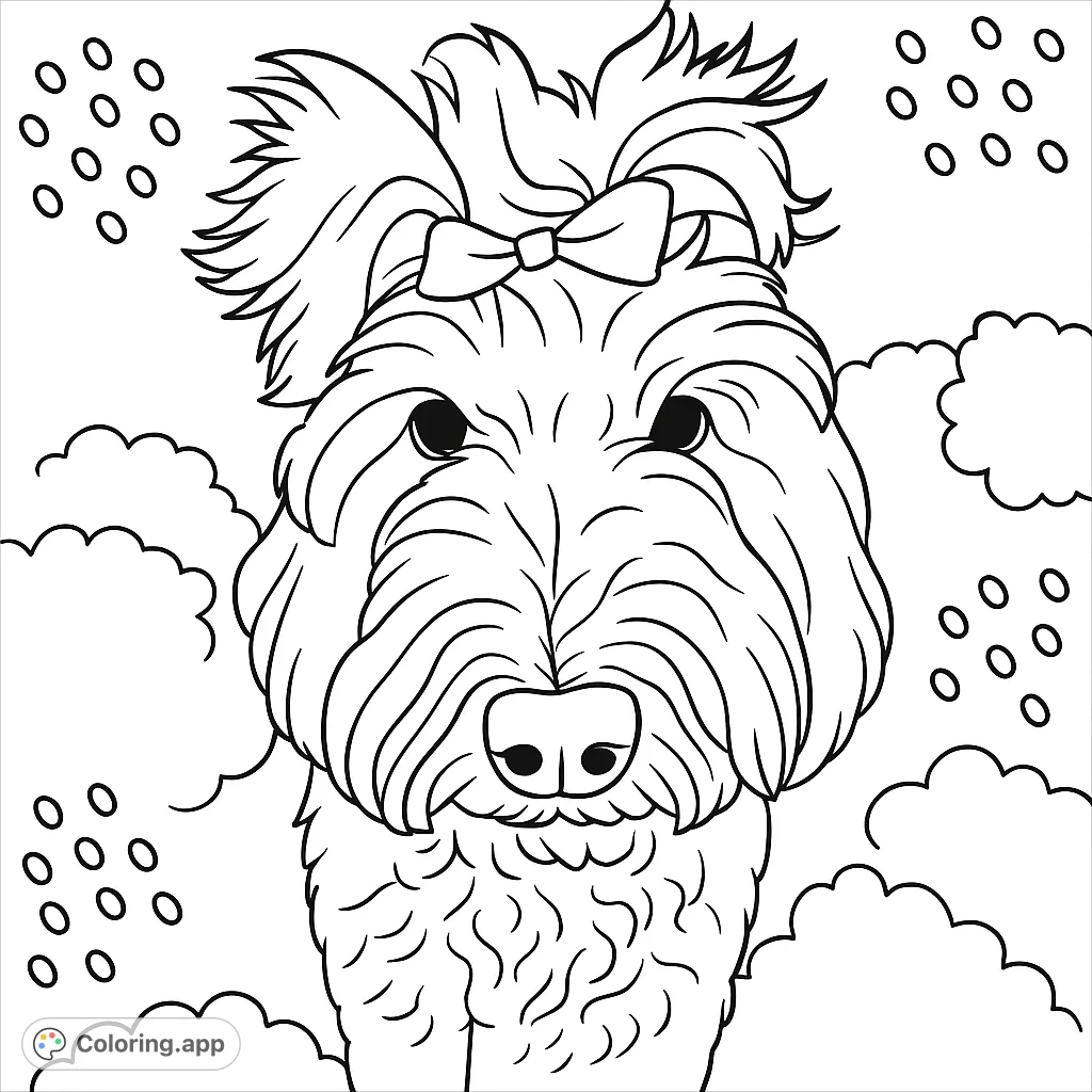 A charming fluffy dog with a bow, perfect for a delightful coloring experience. Features a cute pet portrait with playful background elements.