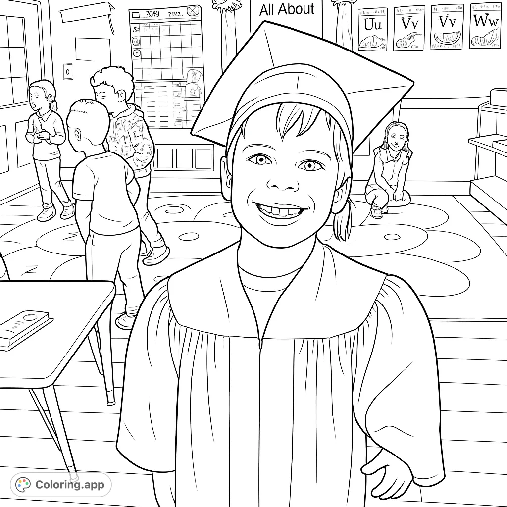 Celebrate a special milestone with this graduation coloring page! A happy child in cap and gown smiles in a lively classroom scene.