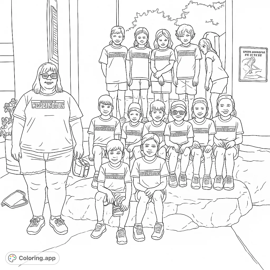 A joyful group portrait of an adult and twelve children, perfect for a free printable team coloring page. Capture the spirit of friendship and teamwork!