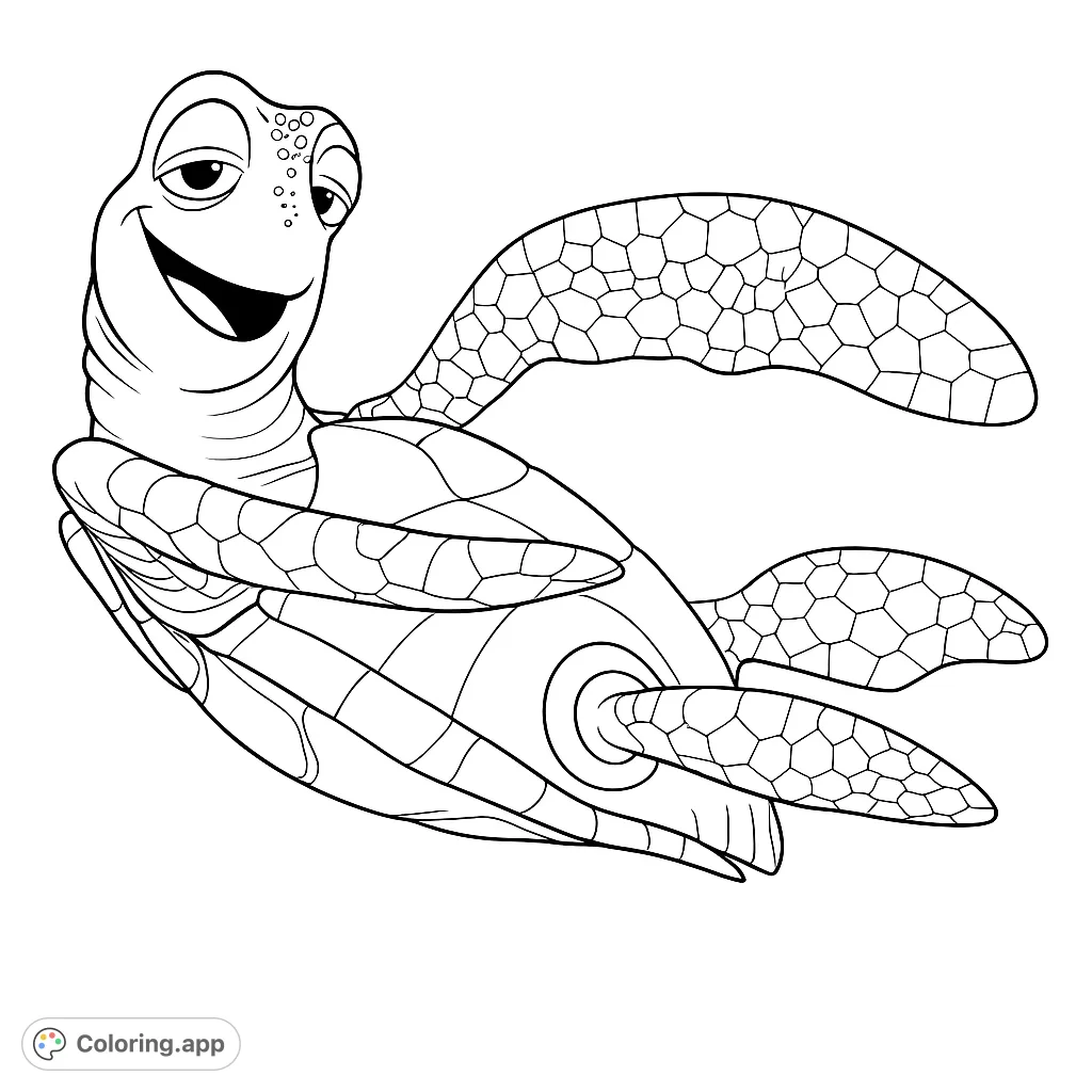 Dive into fun with this happy sea turtle coloring page! Features a smiling turtle with detailed shell and flippers, perfect for ocean animal lovers.