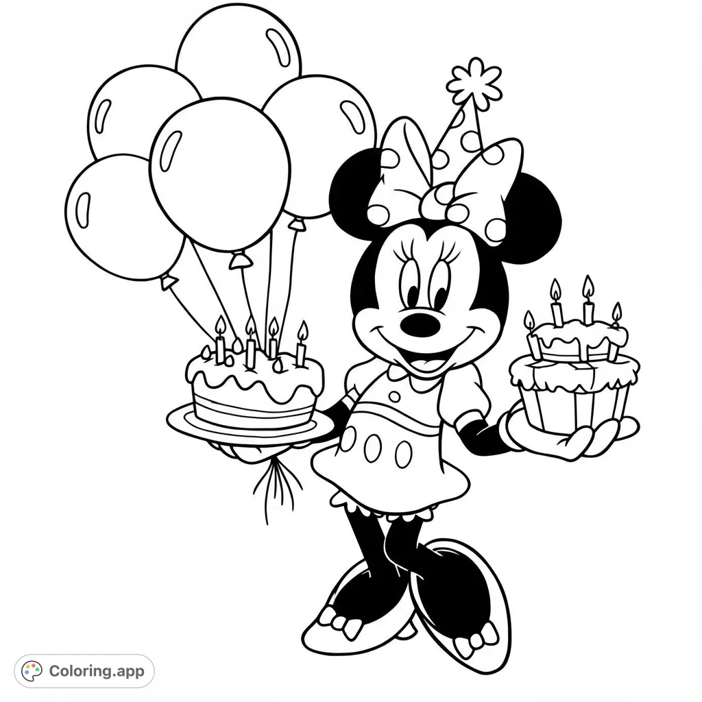 Celebrate with Minnie Mouse! This free printable birthday coloring page features Minnie with cakes, balloons, and a party hat, ready for fun.