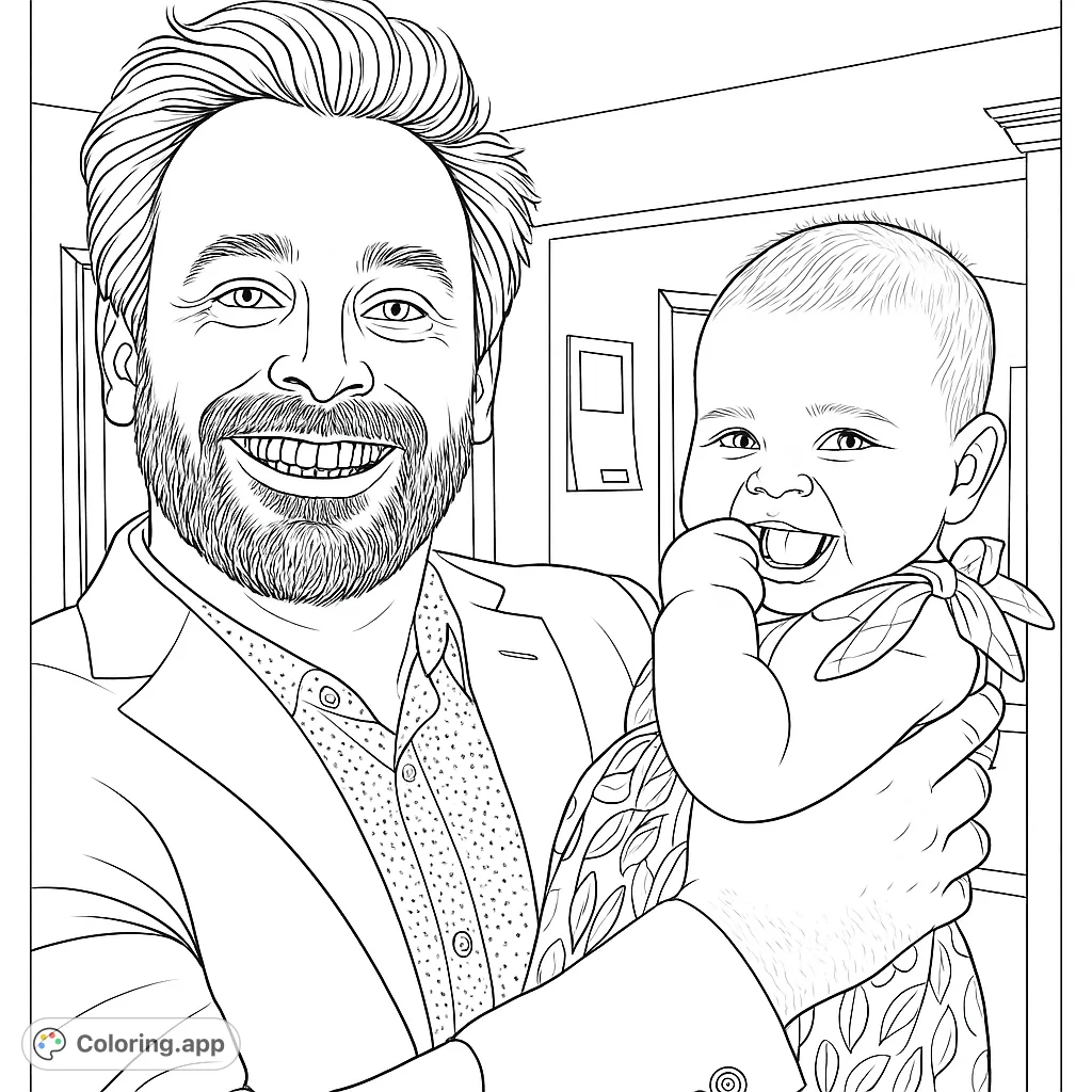 A heartwarming father and baby coloring page, featuring a smiling man holding a joyful infant. Perfect for family-themed coloring fun.
