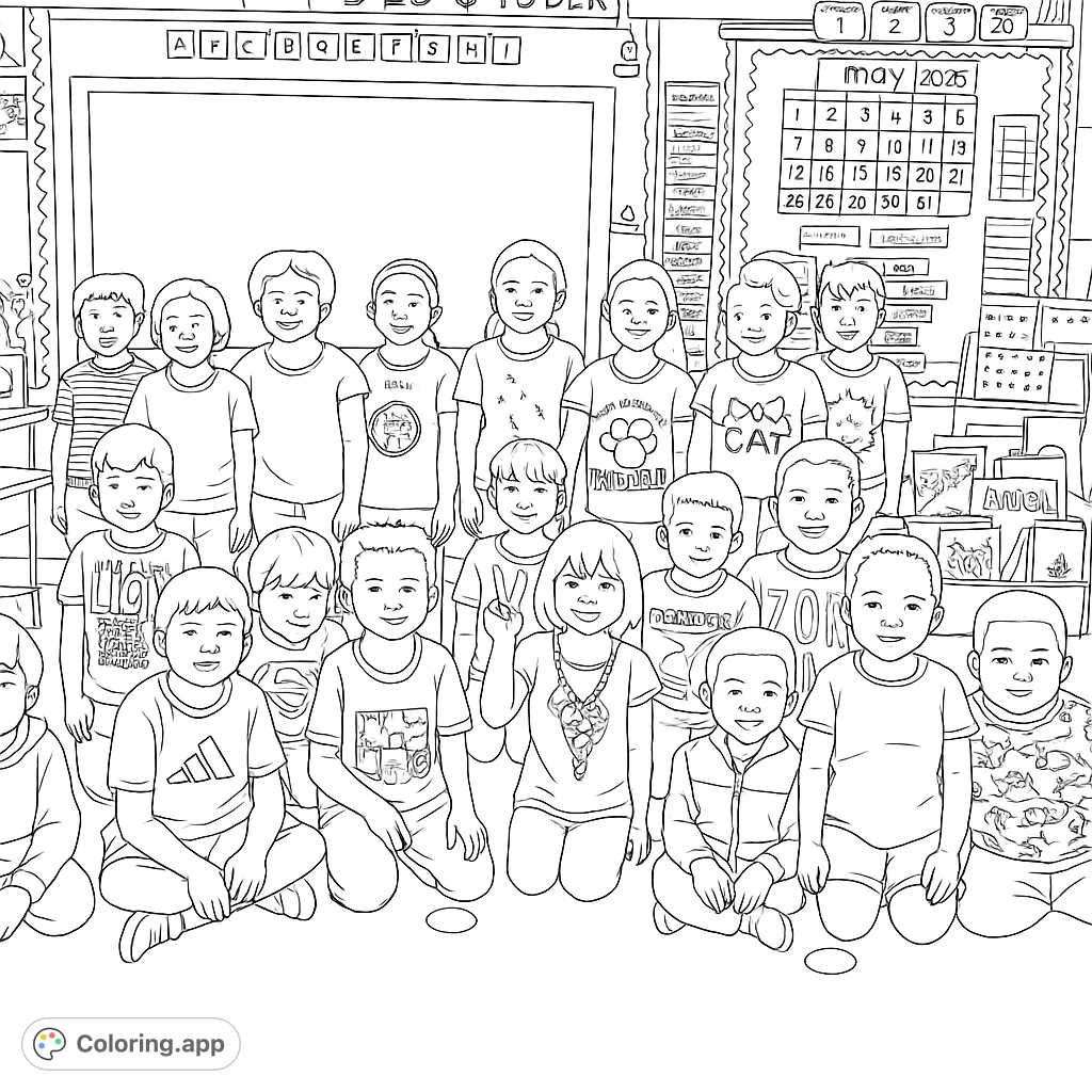 A vibrant classroom scene featuring a diverse group of smiling children posing for a class photo, ready for creative coloring fun.