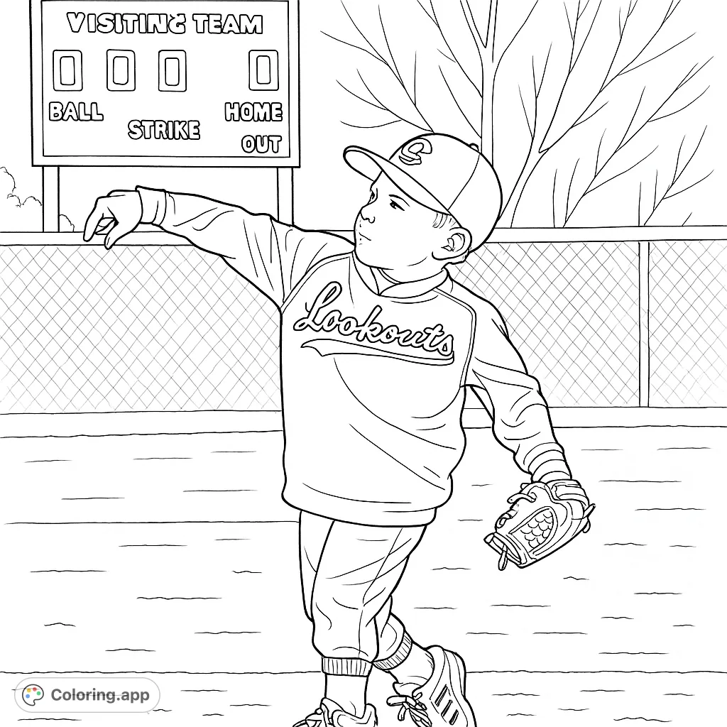 Dynamic baseball player in uniform, mid-pitch, on a field with a scoreboard and fence. A fun, free printable sports coloring page for kids.