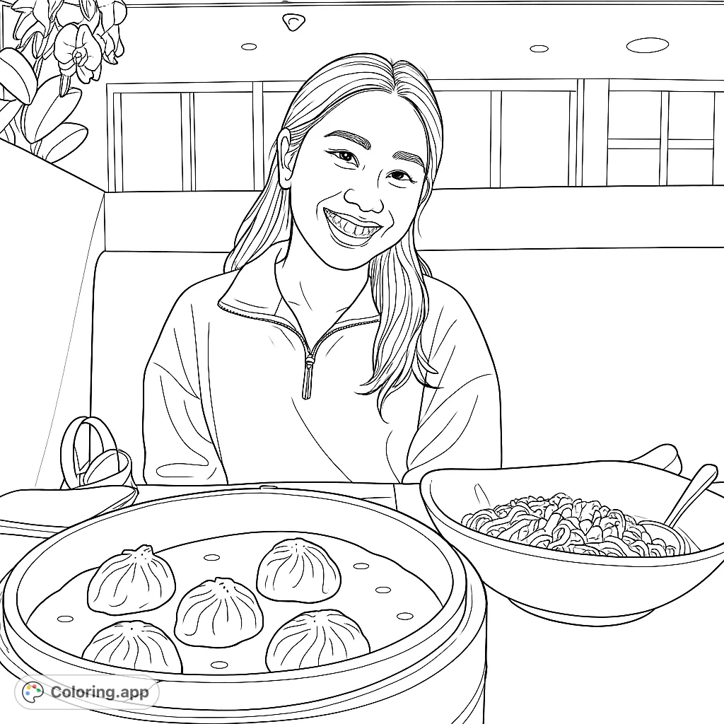 A joyful woman enjoys delicious dumplings and noodles at a restaurant. A delightful dining scene, perfect for a relaxing coloring experience.