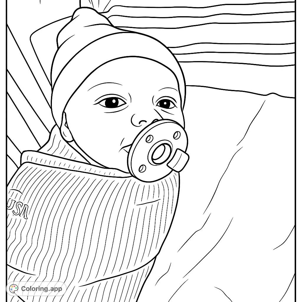Adorable baby in a cozy swaddle with a pacifier, perfect for a heartwarming free printable baby coloring page for kids and adults.