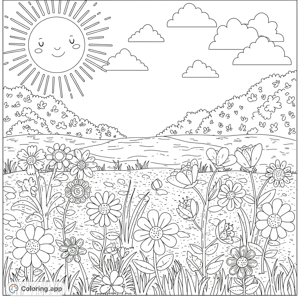 A delightful spring nature scene featuring a smiling sun, a vibrant flower field, calm water, and fluffy clouds, perfect for a cheerful coloring adventure.