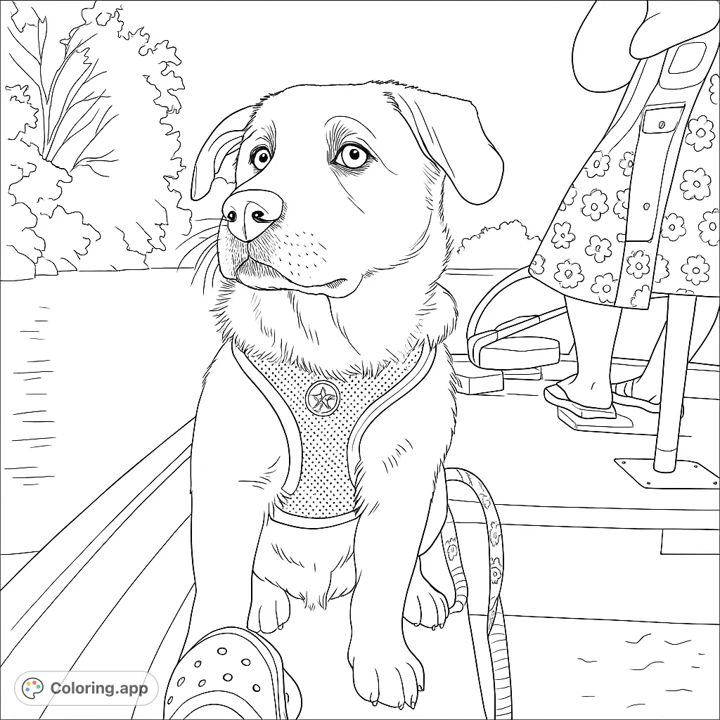 An adorable dog in a boat, wearing a harness, with a person's feet visible. A charming free printable dog coloring page for all ages.