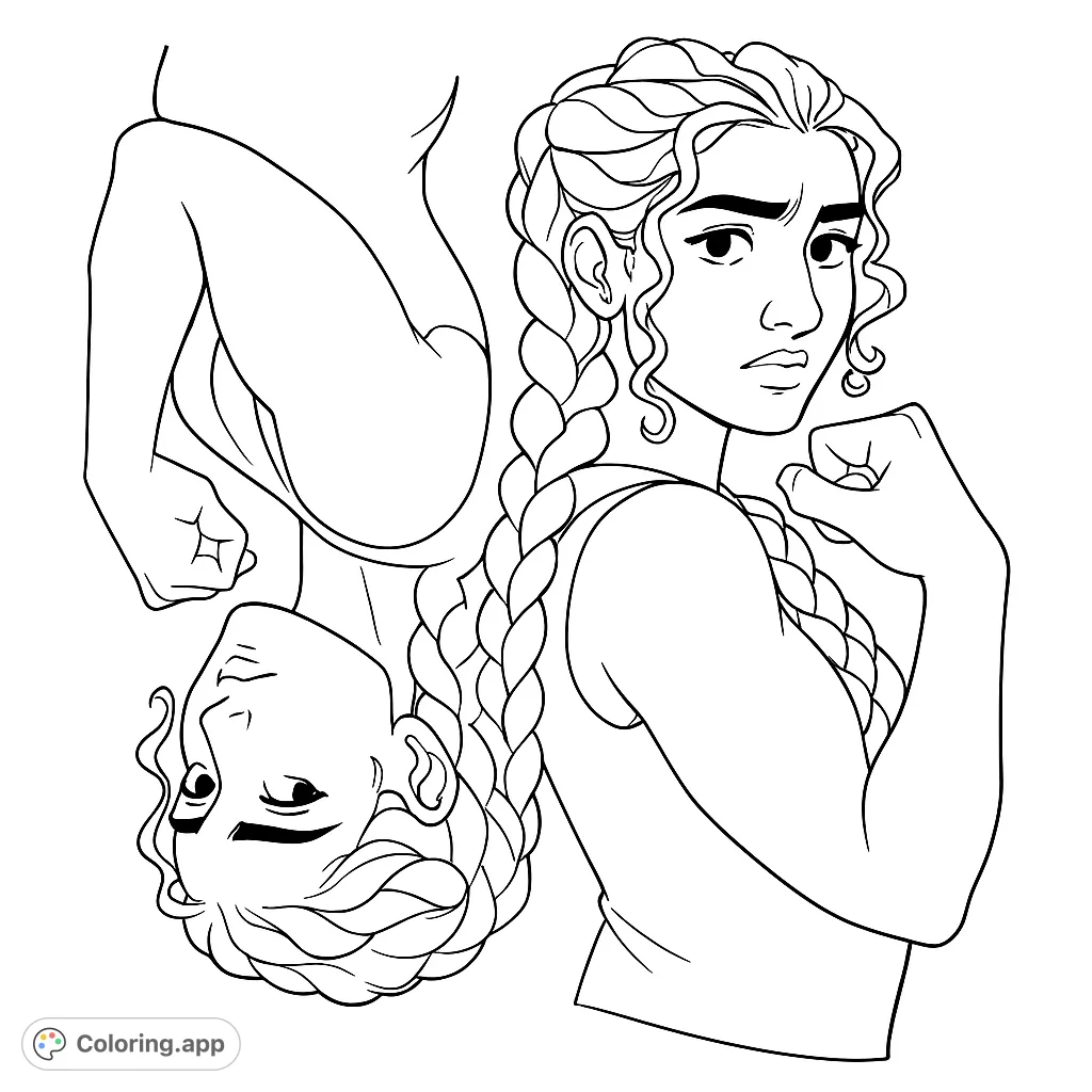 A powerful woman flexing her bicep, with an inverted reflection, symbolizing strength and determination. Perfect for an empowering coloring experience.