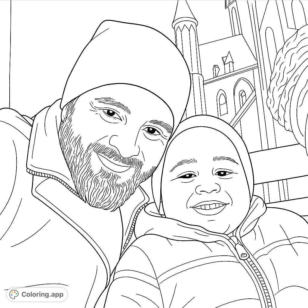 A heartwarming free printable family portrait coloring page featuring a smiling father and child in winter attire, with an architectural background.