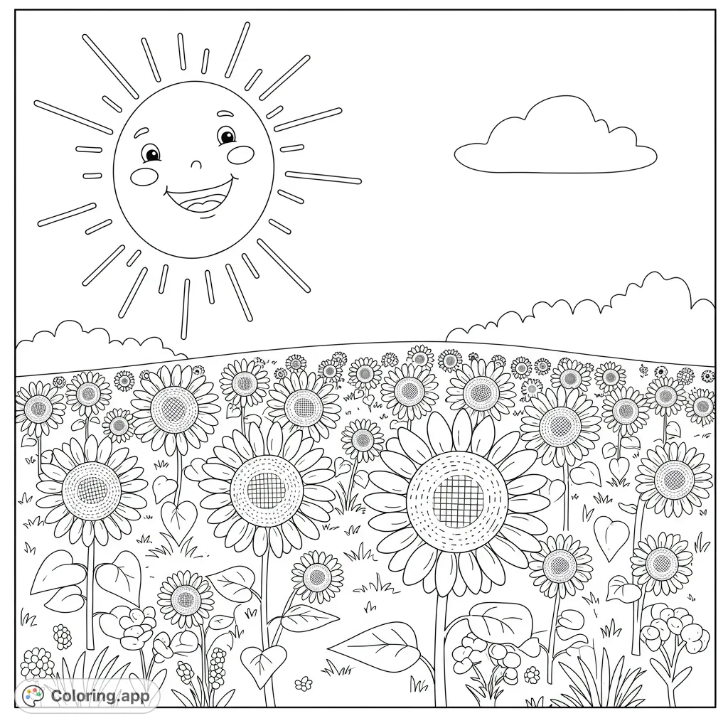 A cheerful sun shines over a vibrant sunflower field, perfect for a free printable coloring page. Enjoy this nature-themed coloring page for kids and adults.